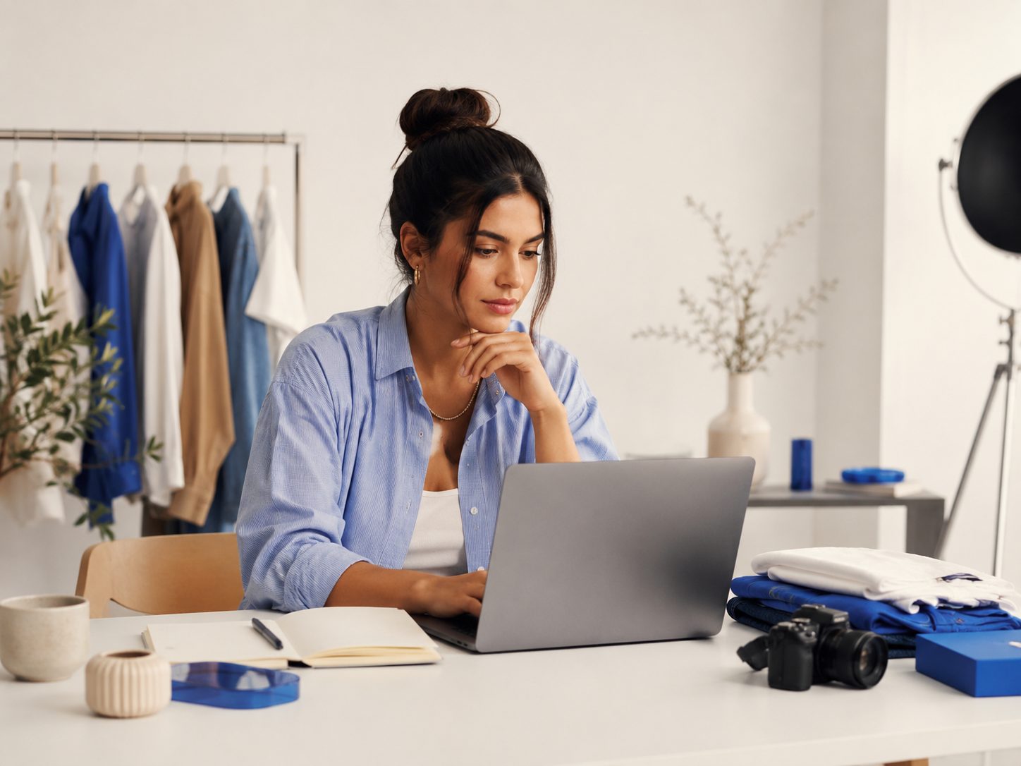 Fashion creator managing brand content from a laptop in her studio.